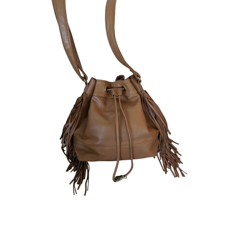 Aeropostale Cognac Brown Faux Leather Bucket Crossbody Fringed Bag - Picture 2 of 12